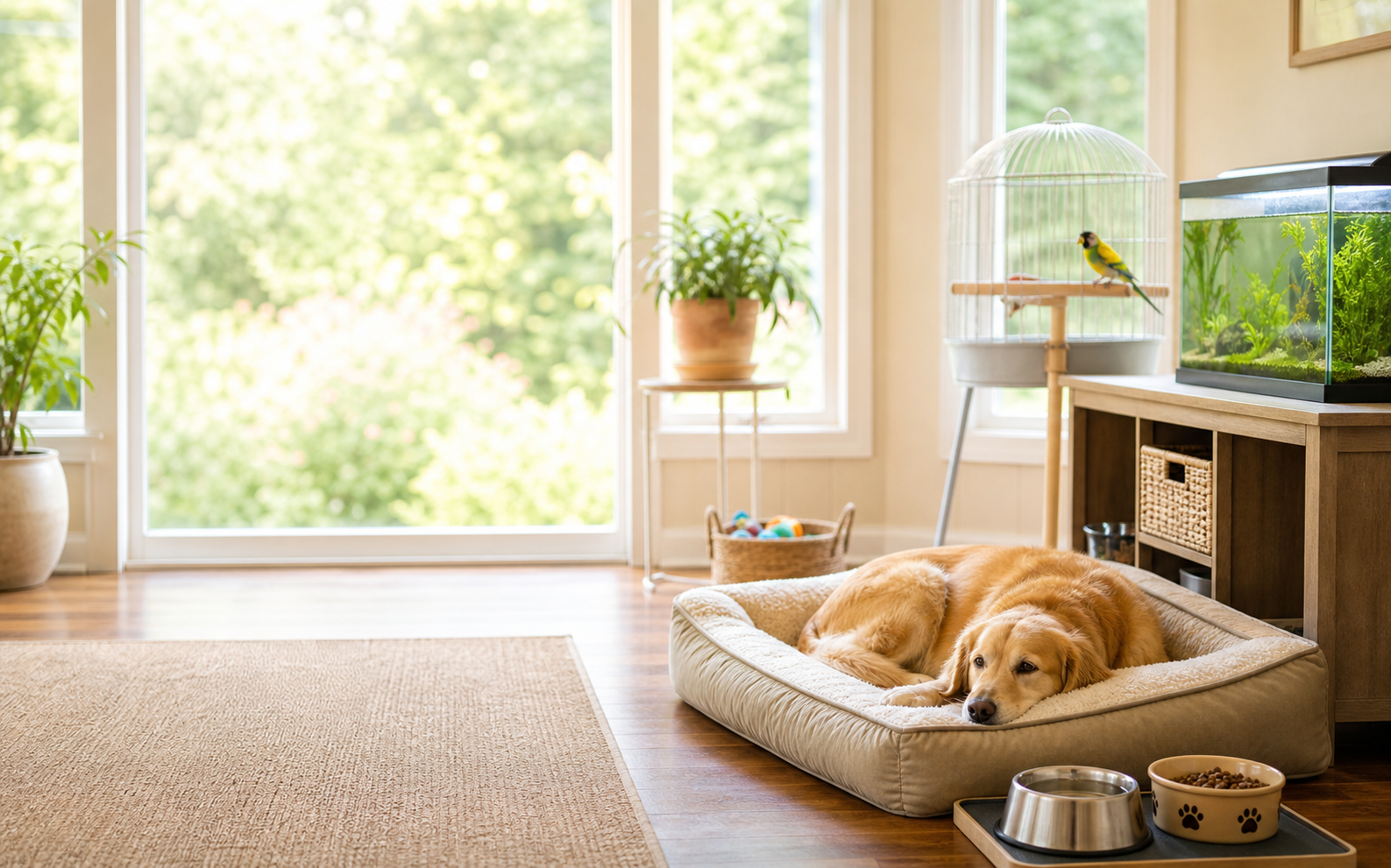A calm home room arranged for pet care with a dog bed, bird perch, and aquarium
